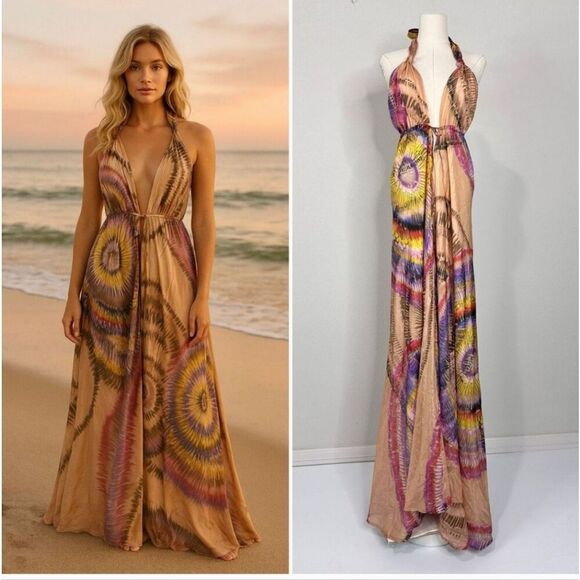 Alexis Dresses & Skirts - Alexis Tula Yoda Silk Abstract Print Halter Maxi Dress L Boho Beach Wedding
